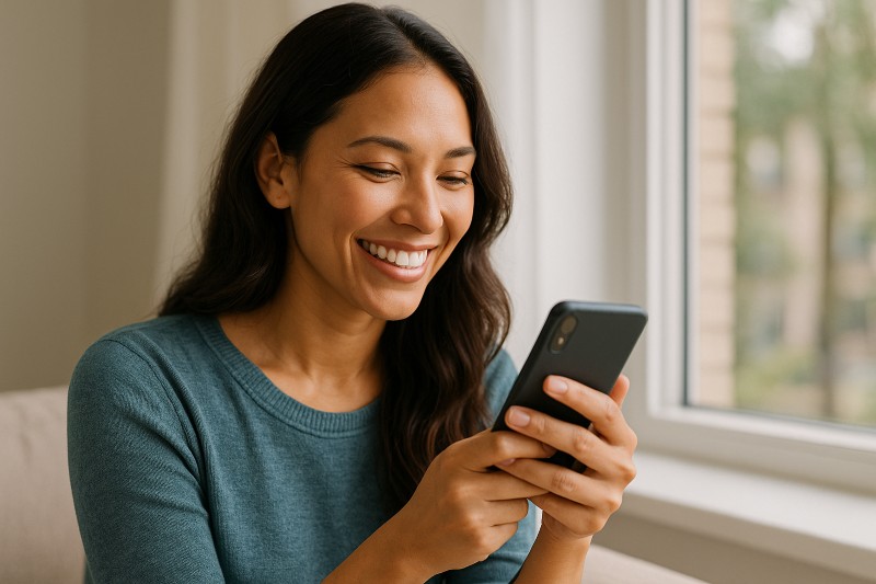 Smiling woman looking at her smartphone while sitting by a window indoors.